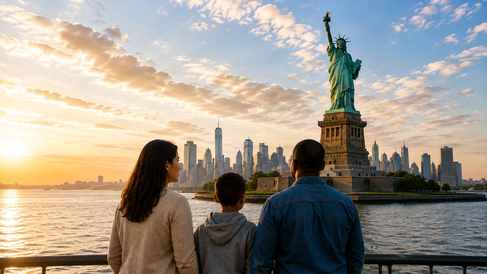 Immigrant family looking toward the Statue of Liberty and New York skyline